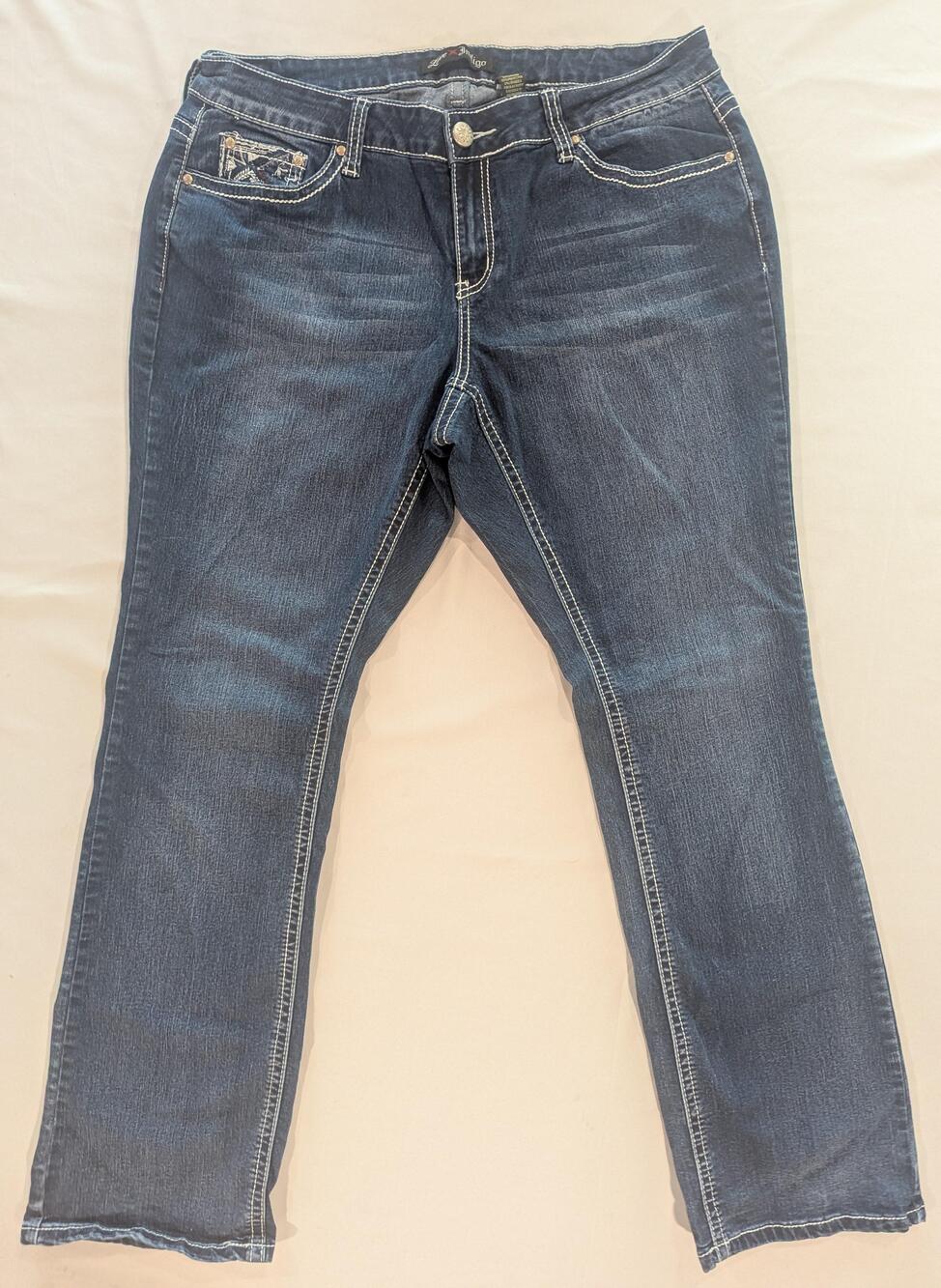 Love Indigo Jeans Womens 16 Blue Med Wash Mid Rise Straight Stretch Rhinestone